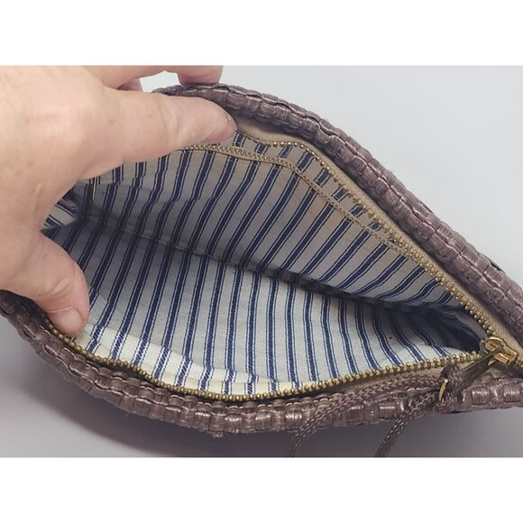 Woven Brown‎ Clutch Pouch With Zipper & Drawstring Detail Striped Fabric Lining - Picture 3 of 7